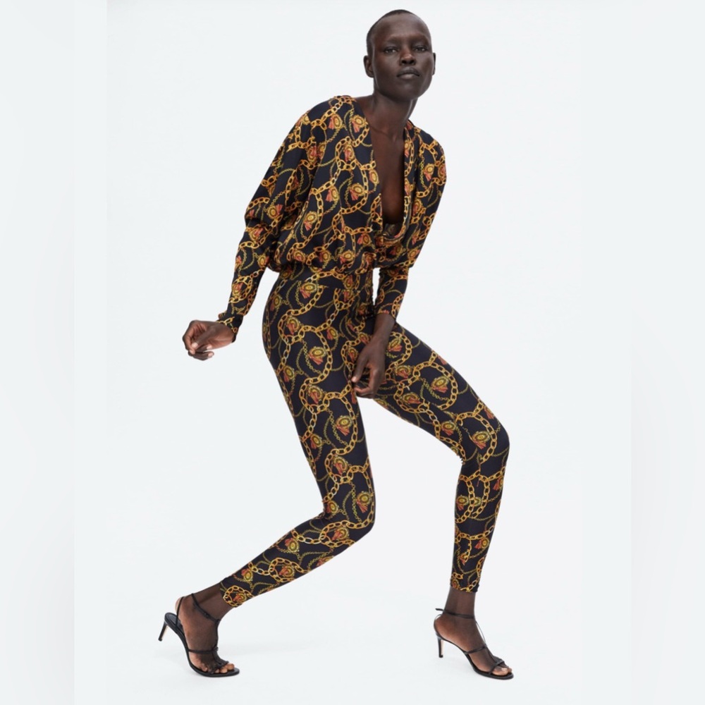 Zara Black and Gold Chain Print Bodysuit and Legging Set